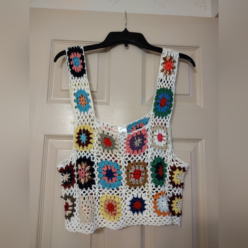 Francesca's Multicolor Granny Square Crochet Tank Top L/XL
